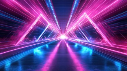 Poster - Futuristic pink blue spectrum glowing lines framed tunnel in neon lights, virtual reality, abstract portal background, fashion show stage, empty space