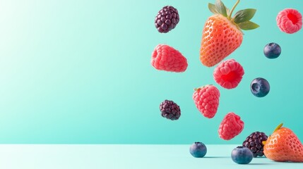 Aufkleber - Ripe strawberries, raspberries, blueberries and blackberries are levitating on a vibrant turquoise background, creating a colorful and refreshing scene, perfect for healthy eating and summer vibes