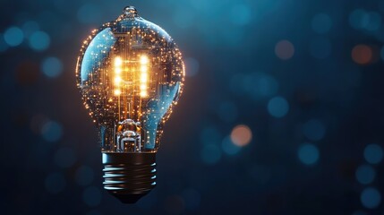 Poster - Glowing light bulb with circuit board inside on dark blue background, mockup. Innovation concept.