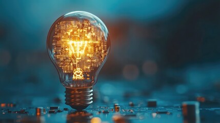 Poster - Glowing light bulb with circuit board inside on dark blue background, mockup. Innovation concept.