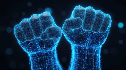 Poster - Glowing virtual digital fists are raised in gesture of defiance, Concept of resistance in network, Uprising of artificial intelligence