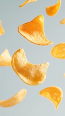 Poster - Several crispy golden potato chips are levitating against a light blue background, creating a visually appealing scene that suggests snacking and enjoyment