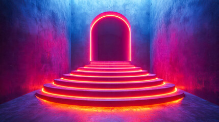 Poster - Retro neon podium with glowing steps and arched entrance, showcasing vibrant pink and blue lighting in a futuristic setting