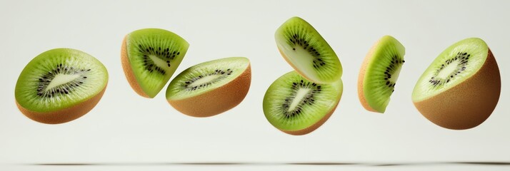 Aufkleber - Slices of kiwi, both whole and cut, levitating against a minimalist white backdrop, create a vibrant and refreshing visual, highlighting the fruit's juicy green flesh and unique texture
