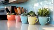 © Premium Resource - Bright kitchen countertop pastel decor potted succulents and colorful mugs