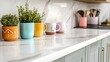 © Premium Resource - Bright kitchen countertop pastel decor potted succulents and colorful mugs