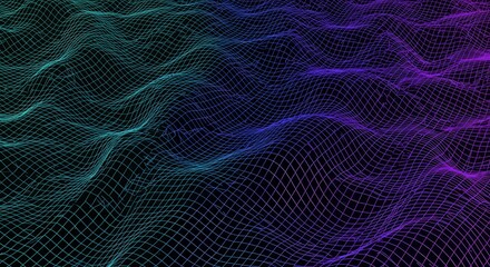Poster - A digital grid glowing in neon colors on a dark background, Smooth 3D Landscape Waveform Terrain Grid Abstract Background, Vibrant neon waveforms in a digital starry landscape