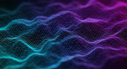 Poster - A digital grid glowing in neon colors on a dark background, Smooth 3D Landscape Waveform Terrain Grid Abstract Background, Vibrant neon waveforms in a digital starry landscape