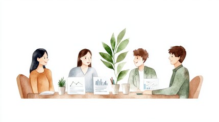 Poster - Business Team Meeting Around a Table with Charts and Plans for Strategic Growth