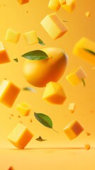 Aufkleber - Whole ripe mango and several mango cubes are levitating on a vibrant yellow background, accompanied by fresh green mango leaves, creating a visually appealing composition