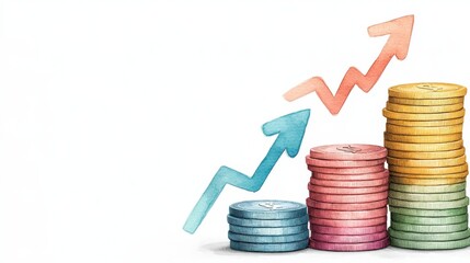 Poster - Colorful Stacked Coins with Upward Arrows Representing Financial Growth and Success