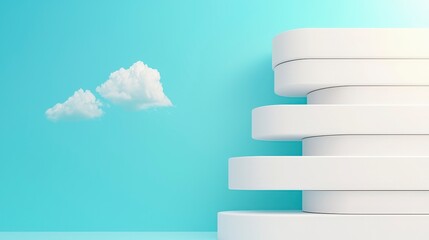Poster - Modern Minimalist Composition with White Cylinders Against a Bright Blue Background and a Single Cloud