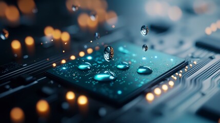 Poster - Close-up of water droplets on a microchip with glowing circuit board details in an abstract technology background