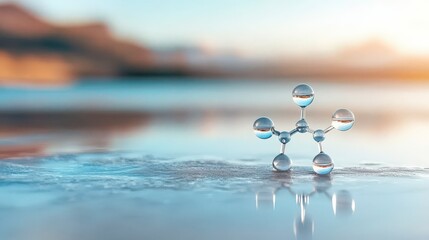 Poster - Close-up of a water molecule model with droplets reflecting light on a serene background of nature and shoreline