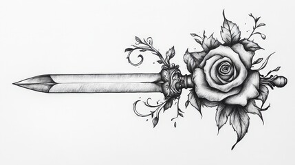 Wall Mural - A detailed drawing of a sword entwined with a rose