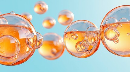 Poster - Abstract background with floating orange bubbles in clear water against a soft blue backdrop for modern design