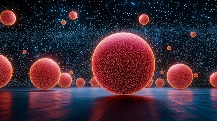 Poster - Vibrant Abstract Background with Floating Spheres and Starry Deep Space in Neon Colors