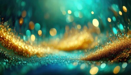 Aufkleber - Golden and Teal Abstract Bokeh Scene with Sparkling Glitter and Vibrant Lights for Dreamy Backgrounds, Celebrations, or Designs