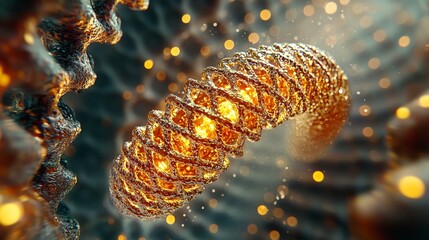Poster - Abstract 3D Visualization of a Spiraling Golden Structure with Sparkling Lights and Textured Background