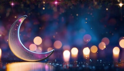 Wall Mural - Glittering Crescent Moon on Sparkling Night Sky Background with Vibrant Bokeh Lights and Starry Highlights for Artistic Designs
