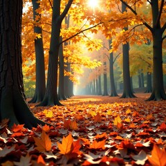 Wall Mural - Orange oak leaves scattered on the forest floor, texture, autumn