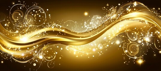 Wall Mural - Abstract Golden Waves Background with Sparkles, Swirls, and Glowing Effects on Dark Background