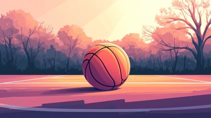 Wall Mural - Basketball on outdoor court at sunset.