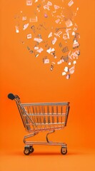 Poster - Small metal shopping cart with many black and white online shopping and delivery service icons floating above it on an orange background representing online shopping and e commerce