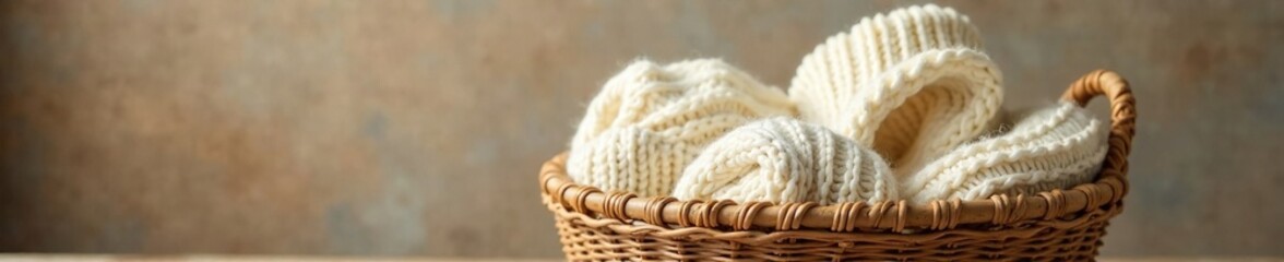 Wall Mural - Woven basket filled with cream colored sweaters and natural fibers, textured, cozy