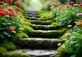 Wall Mural - Colorful flower path in a lush garden leads to a peaceful retreat in nature