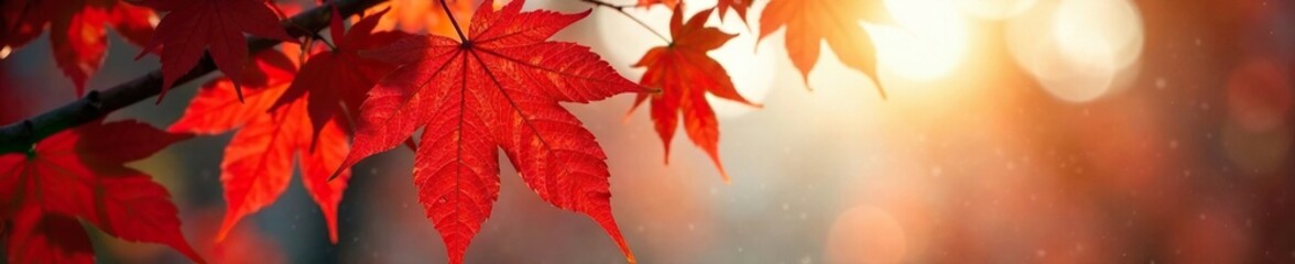 Wall Mural - Delicate golden light on red maple leaves in clear blue autumn air, maple, sunshine