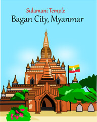 CIMAHI,INDONESIA-JANUARY 3,2025- Old Sulamani Buddhist Temple in Bagan, Myanmar with unique vintage architecture buildings.Vector illustration for poster,collection,background,sticker,souvenir,fabric.