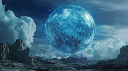 Wall Mural - A large blue sphere floating in the sky above a rocky landscape