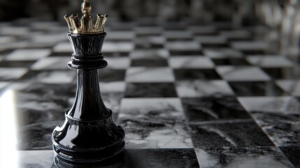 Poster - Black chess king with golden crown on a marble chessboard