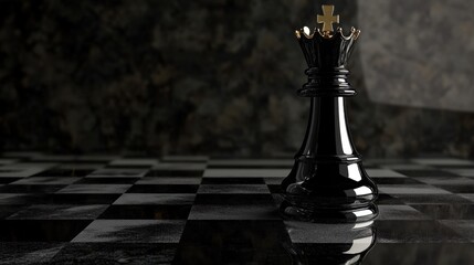 Poster - Elegant Black Chess Queen Piece on a Glossy Checkerboard Surface