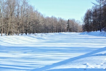 Serene winter landscape of frozen river at snow-covered forest. The bare trees against the clear blue sky. Winter scene of river meanders through a forest. The soft white snow blankets the ground