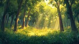 A vibrant view of a golden-lit forest with soft rays illuminating the green underbrush and tall tree trunks
