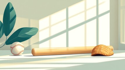 Wall Mural - Baseball bat, ball, and glove in sunlit room.