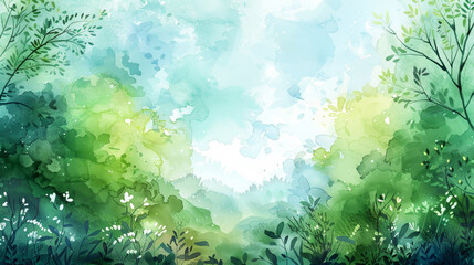 Poster - a painting of a forest with trees and green grass
