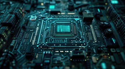 Poster - Highly detailed technology texture, AI supercomputer Chrome, insane level of detail throughout circuitry, cinematic depth of field, high contrast lighting, CPU and GPU , circuits interconection,
