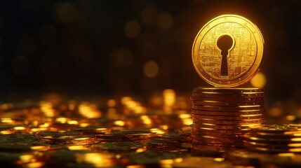 Poster - Golden Coins with Keyhole Symbolizing Security and Wealth Growth