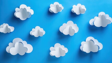 Poster - white paper clouds on a bright blue background for creative designs