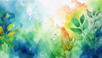 Poster - Vivid Watercolor Nature Scene with Vibrant Green Leaves and Abstract Brush Strokes in Blue and Orange for Eco Themed Art and Design

