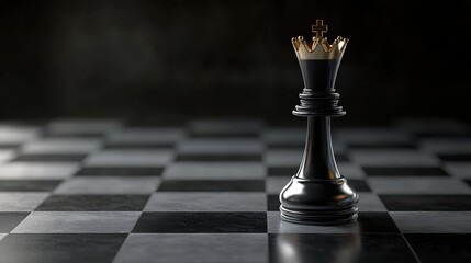 Poster - Black chess king piece with a golden crown on a dark chessboard