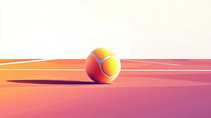 Wall Mural - Tennis ball on clay court at sunset.