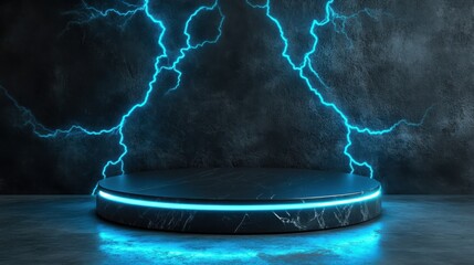 Poster - Dark Scene with Neon Blue Lightning on a Round Stage