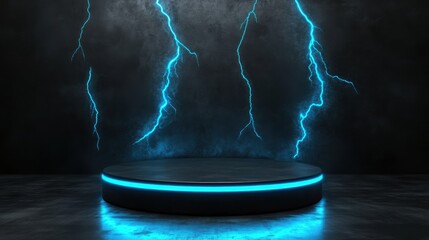 Poster - Dark Stage with Neon Blue Lighting and Lightning Effects