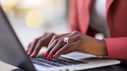 Poster - Businesswoman Working on Laptop with Elegant Hands Close Up