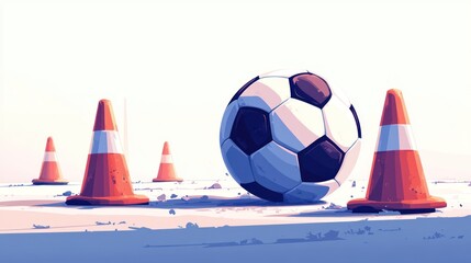 Wall Mural - Soccer ball rests near orange cones on field.