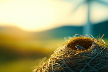 bird sits in nest made of straw near wind turbine, showcasing nature harmony